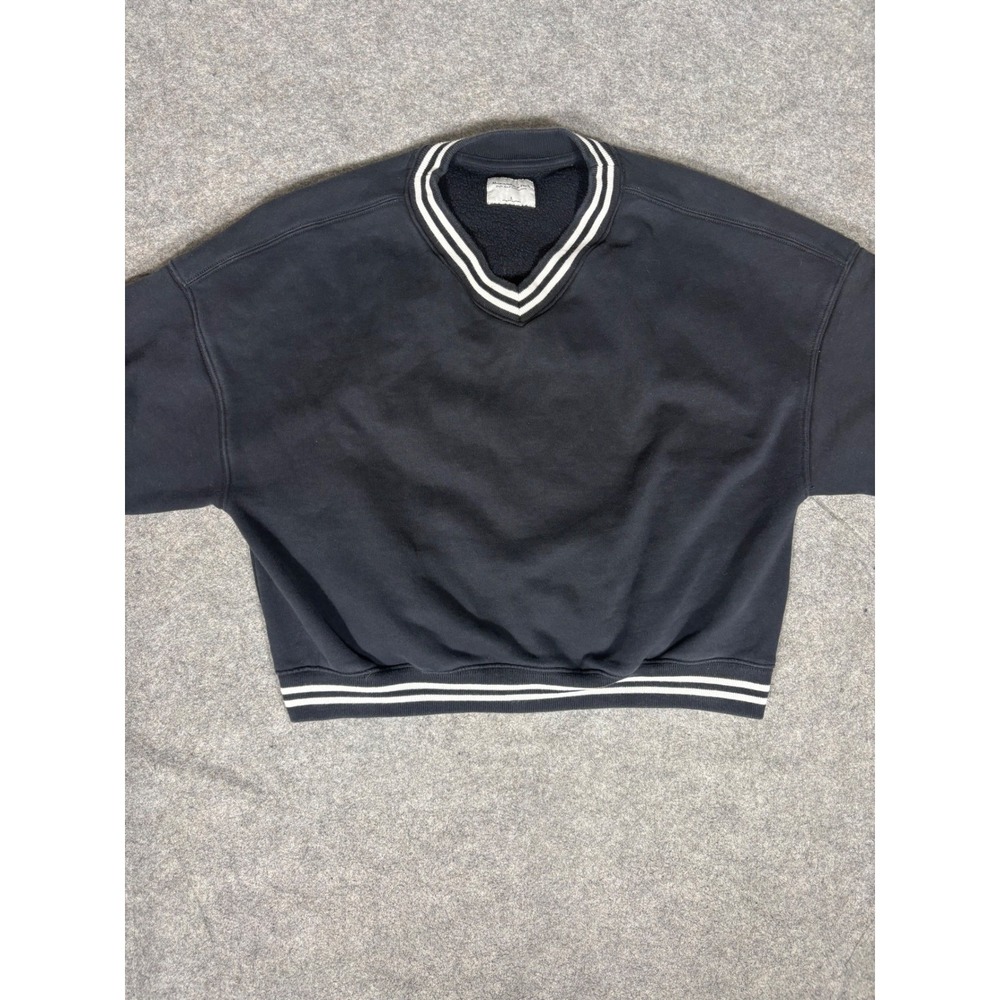 Abercrombie Fitch Soft A&F Collection V Neck Sweatshirt Black White Stripes Sz L - Picture 2 of 8